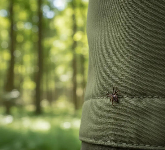 Garrapata sobre pantalón verde con bosque al fondo