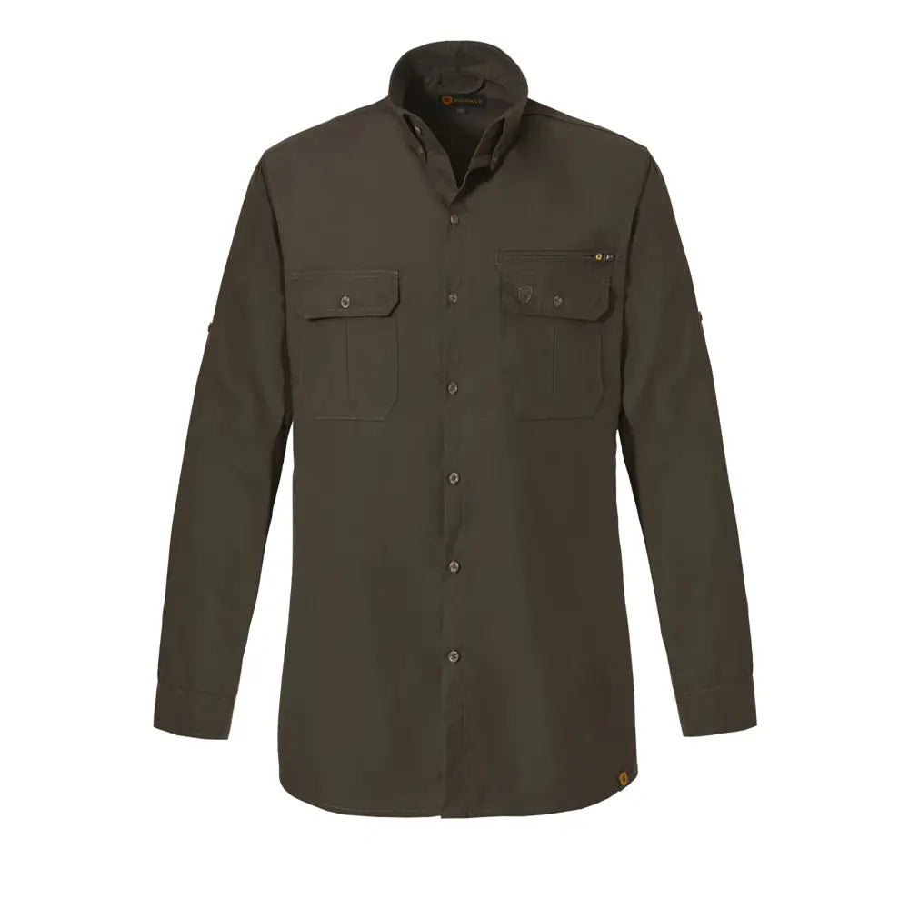 Camisa verde oliva de botones con dos bolsillos con botones y uno a la izquierda con cremallera