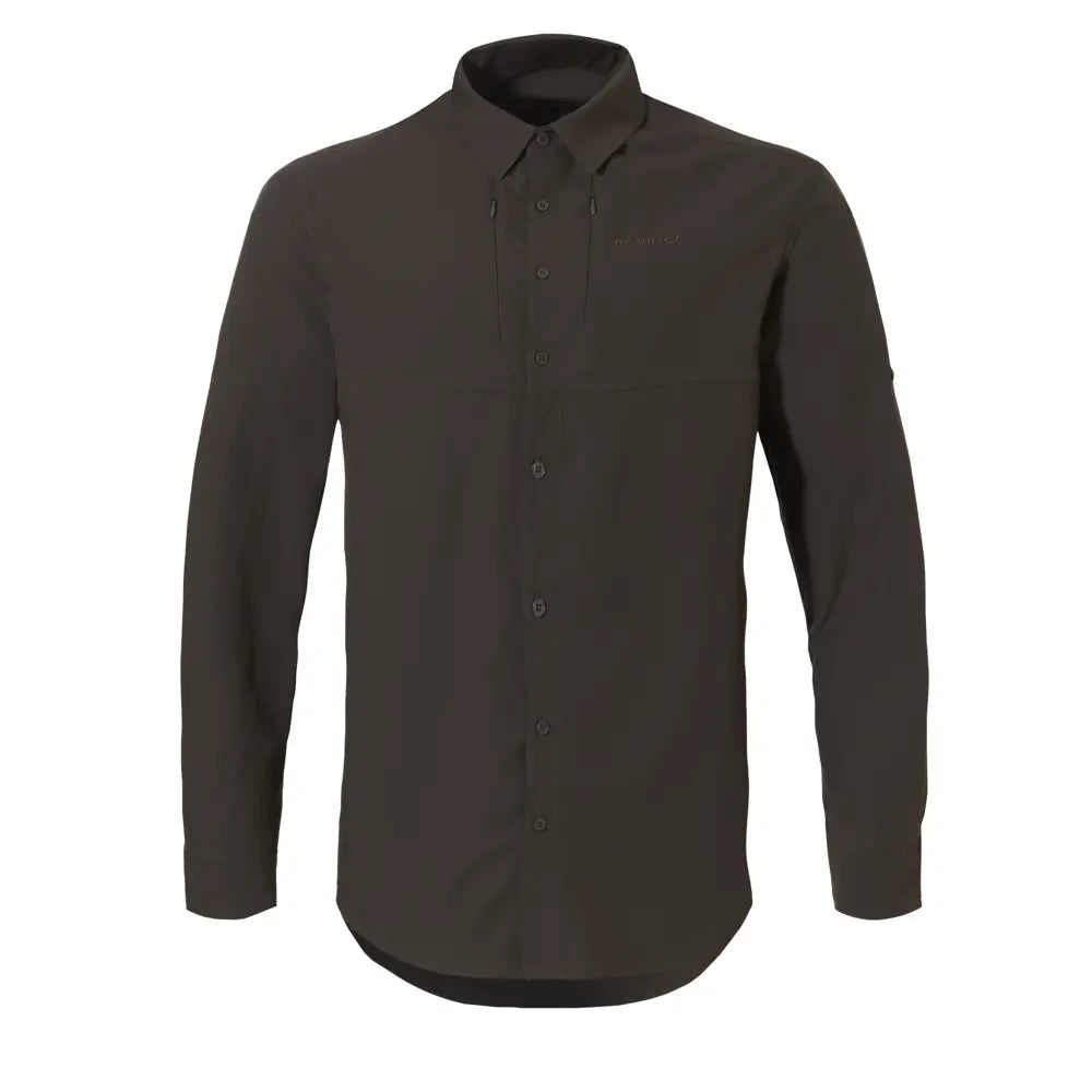 Camisa en verde oliva de manga larga con dos bolsillos ocultos en pecho con cremallera.
