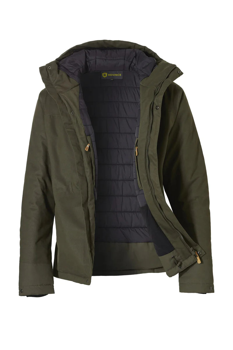 Chaqueta abierta en verde oliva con relleno en negro con dos bolsillos interiores uno a cada lado.