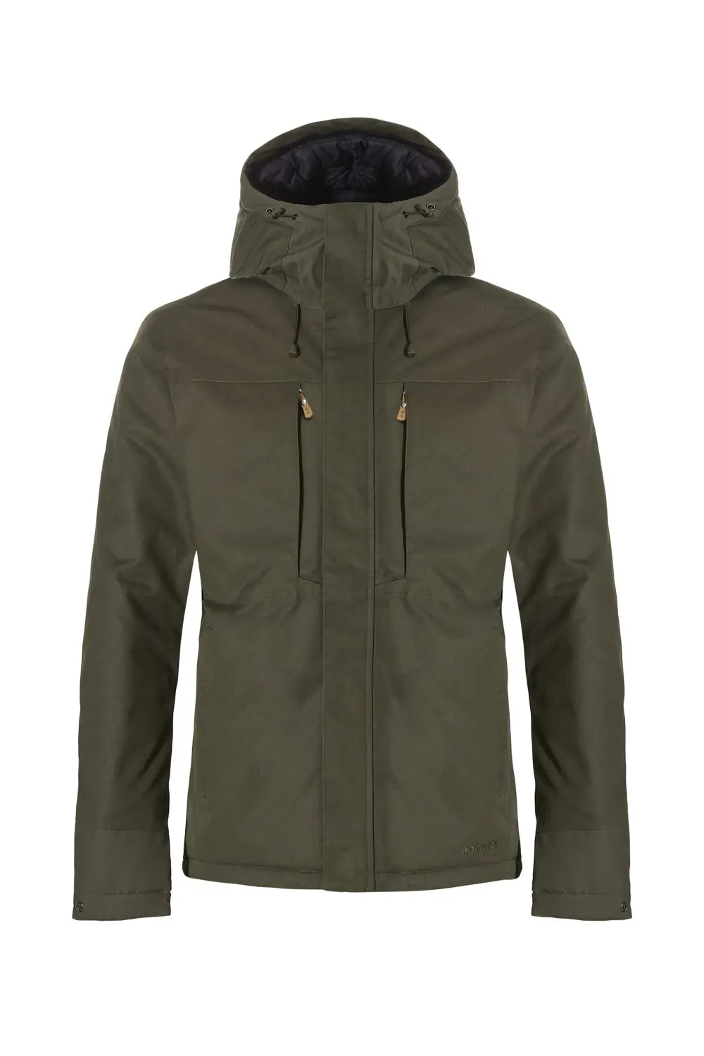 Chaqueta Rovince impermeable verde oliva con dos bolsillos napoleón y capucha.