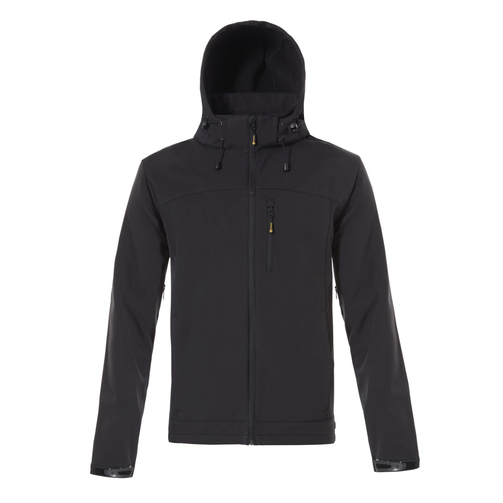 Chaqueta softshell negra con bolsillo napoleón a la izquierda con tiradores amarillos.