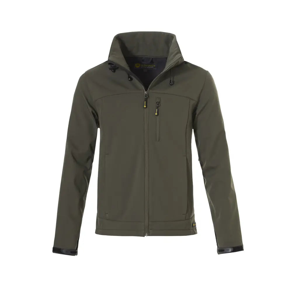 Chaqueta softshell rovince sin capucha en verde con bolsillo napoleón a la izquierda.