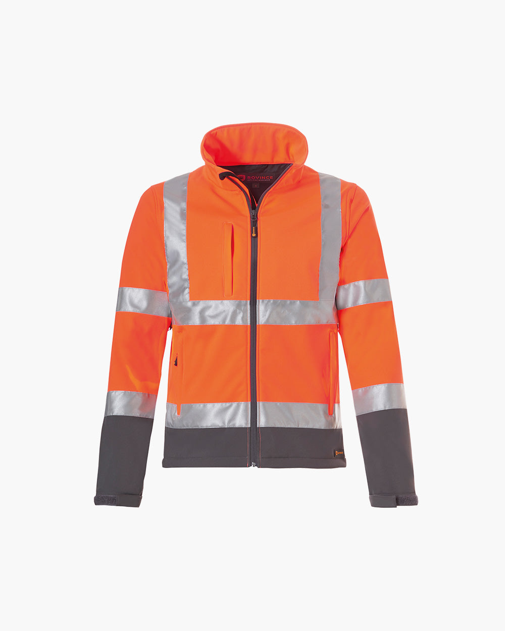 Chaqueta alta visibilidad naranja con bolsillo napoleón derecho y bolsillos laterales parte baja en gris y reflectanes de alta visibilidad.