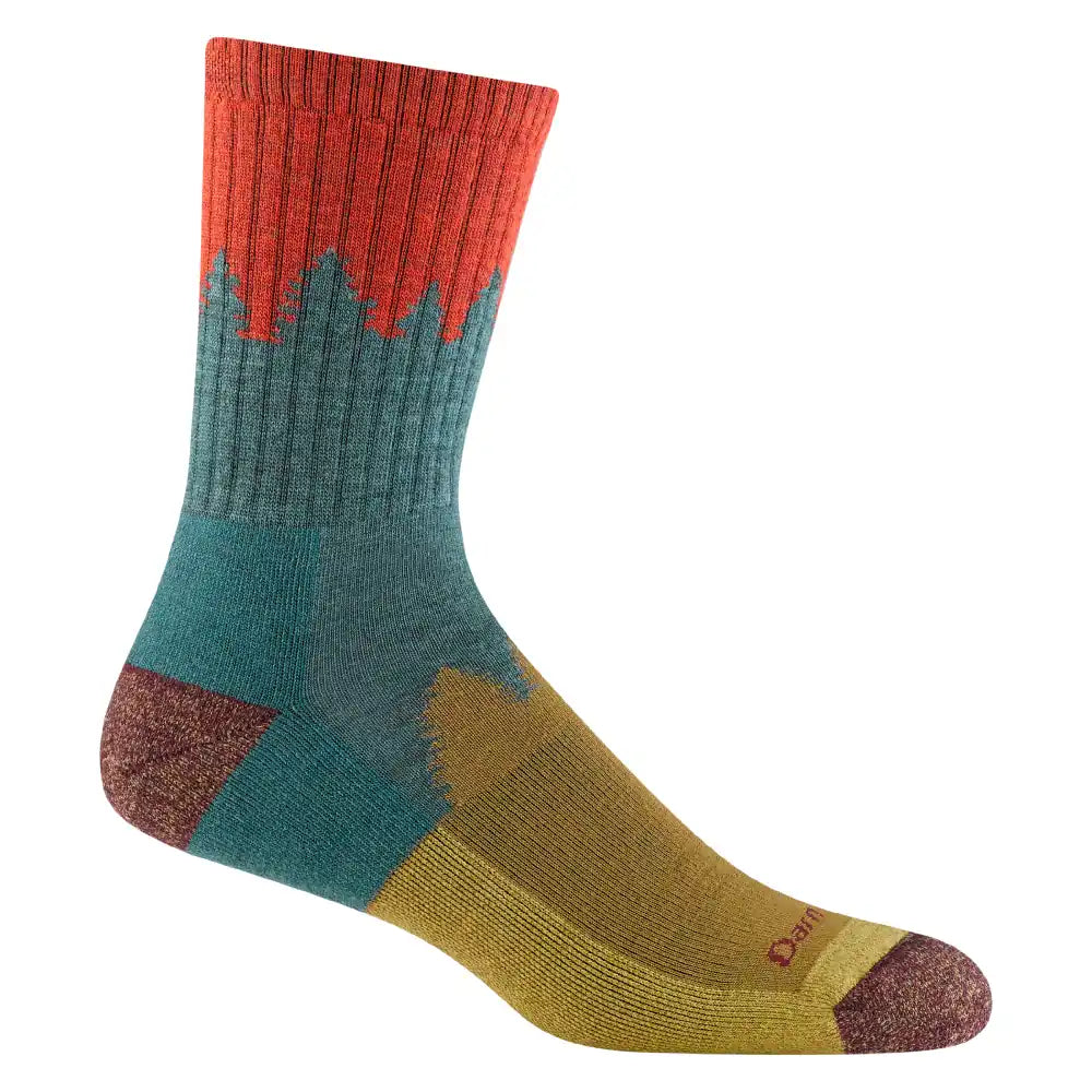 Calcetín Darn Tough 1974 con colores rojo verde acero y mostaza.