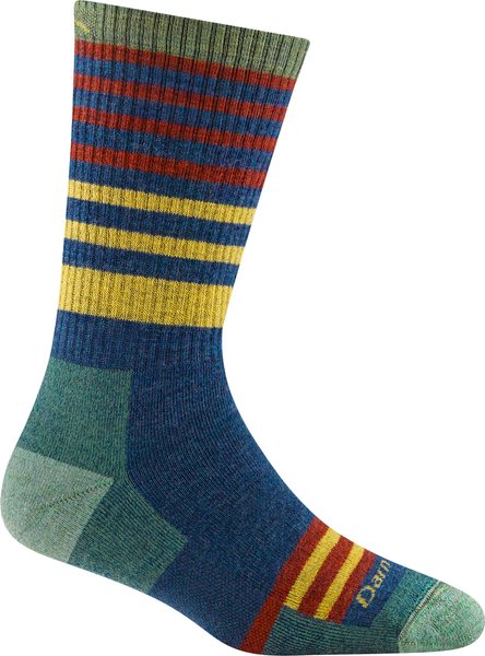 Calcetín con altura de bota multicolor a rayas multicolor rojo, amarilla fondo azul y verde.