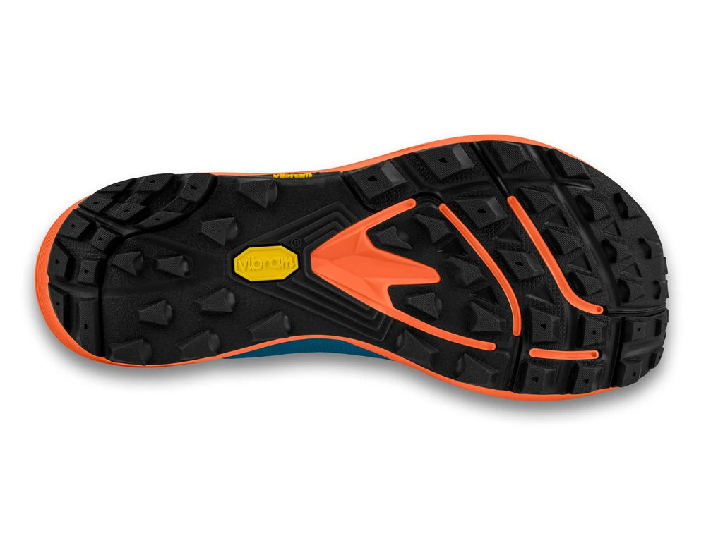 Suela de zapatilla Topo Athletic MTN Racer 3 Hombre en azul y naranja con diseño de tracción para trail