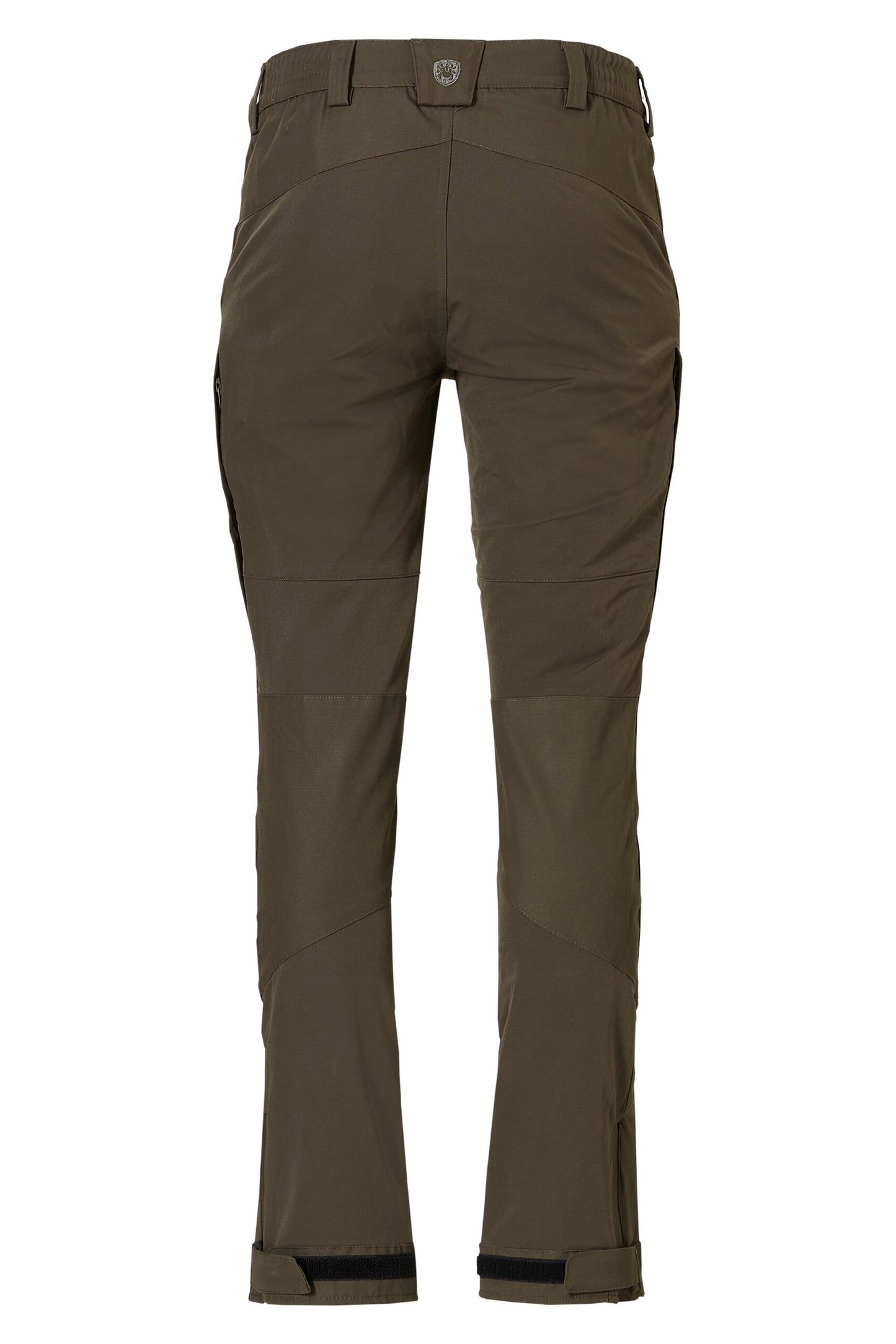 Pantalón en verde oliva sin bolsillos y con tres trabillas en la parte trasera de la cintura.