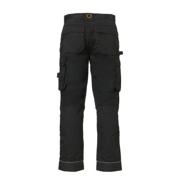 Vista trasera pantalón negro rovince workerline con 2 bolsillos plaston en trasero y bolsillos cargo a los lados.