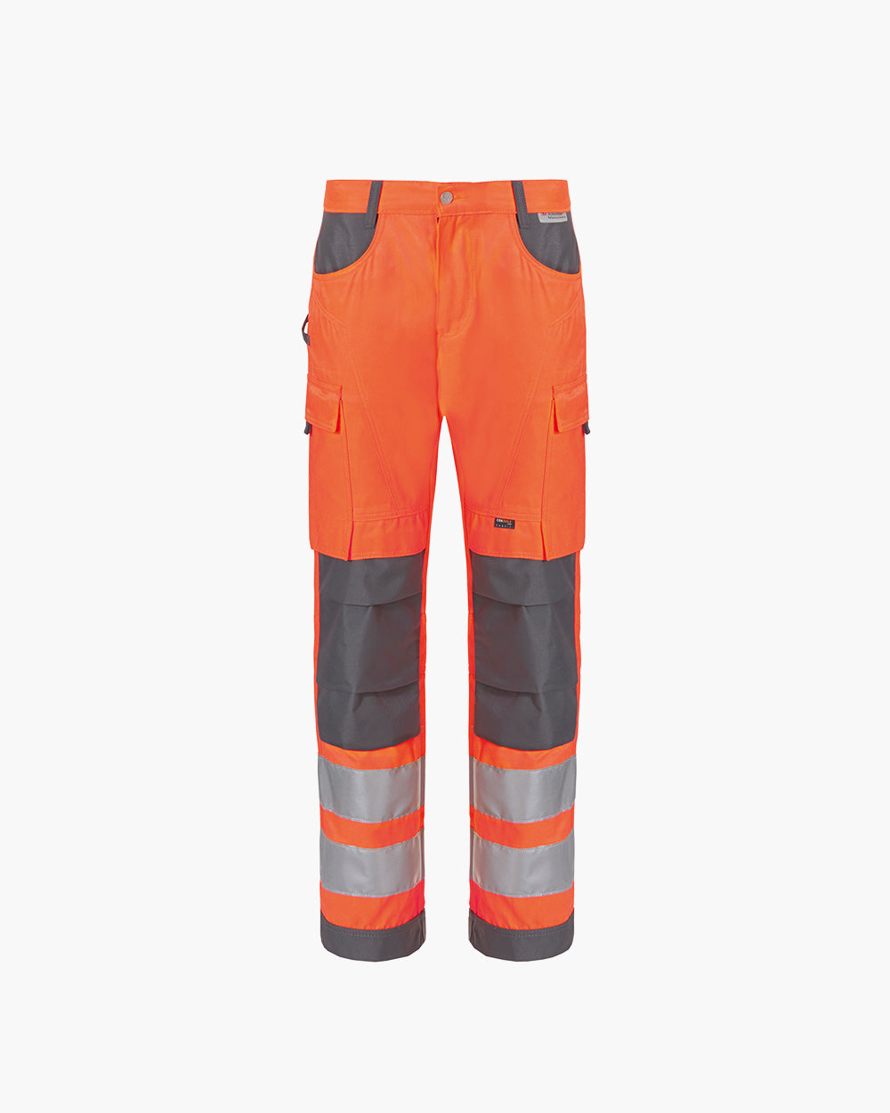 Pantalón de trabajo alta visibilidad naranja con rodilleras y bolsillos grises con franjas reflectanes en bajos.