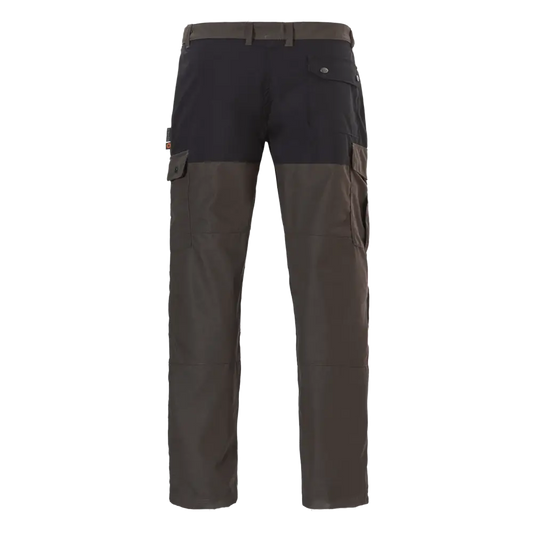 Pantalón con las piernas en verde oliva y la parte del trasero en negro con un bolsillo a la derecha con dos automáticos