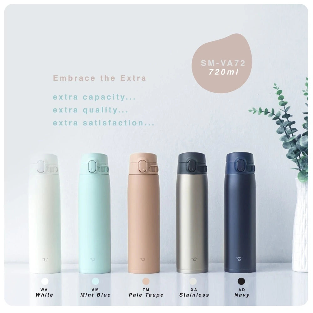 Cinco termos Zojirushi SM-VA72 de 720ml en colores variados: blanco, azul menta, taupe, acero inoxidable y azul marino