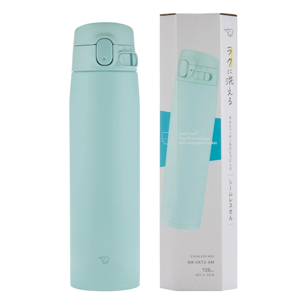 Termo azul menta Zojirushi junto a su caja. Modelo SM-VA72-AM, 720ml, con tapa hermética.