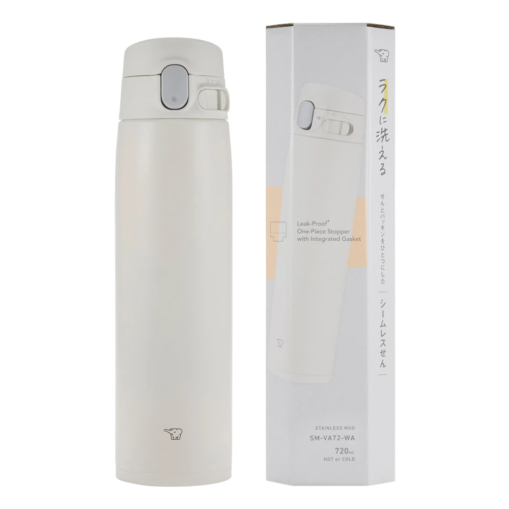 Termo blanco Zojirushi junto a su caja. Modelo SM-VA72-WA, 720ml, con tapa hermética.