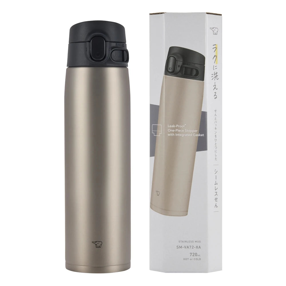 Termo acero inoxidable Zojirushi junto a su caja. Modelo SM-VA72-XA, 720ml, con tapa negra hermética.