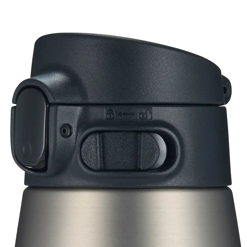 Detalle de la tapa negra de una botella térmica Zojirushi, mostrando el botón de bloqueo y el mecanismo de apertura