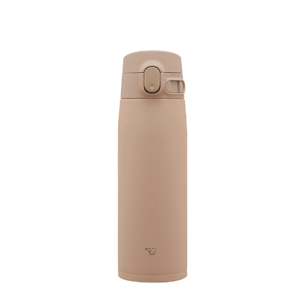 Termo Zojirushi SM-VA color taupe de 600ml con tapa de cierre hermético y botón de apertura. Logo de elefante visible en la base.
