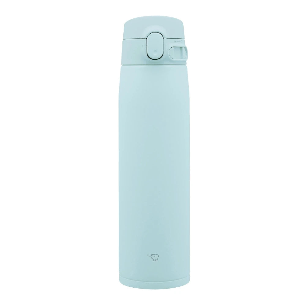 Termo Zojirushi SM-VA azul menta de 720ml con tapa de cierre hermético y botón de apertura. Logo de elefante visible en la base.