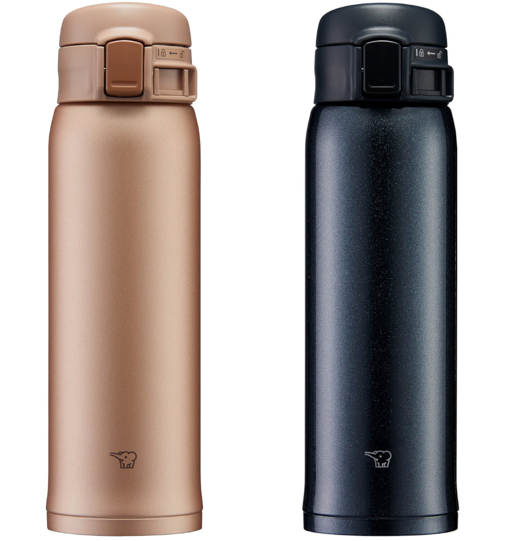 Botella térmica Zojirushi SM-SR48E de acero inoxidable en color Silky Black, capacidad de 0.48 L, diseño para beber con una mano.