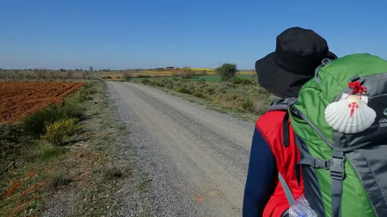 Peregrino con mochila verde y concha caminando en un camino con cielo azul