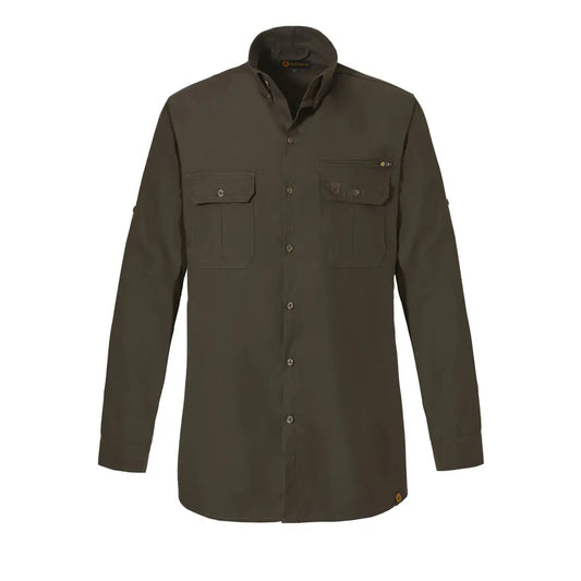 Camisa verde oliva de botones con dos bolsillos con botones y uno a la izquierda con cremallera