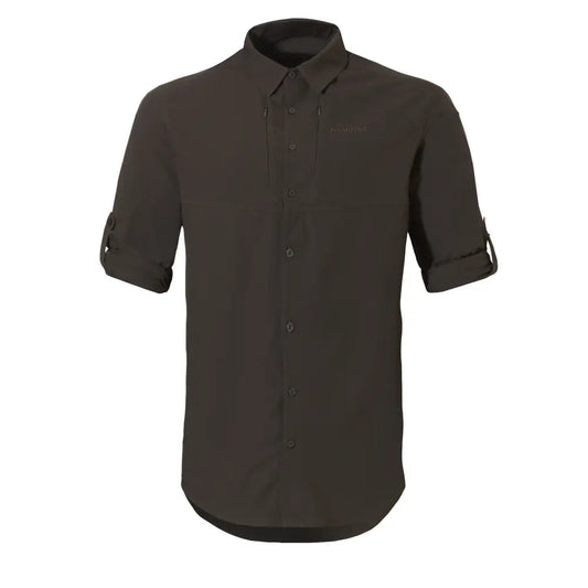 Camisa verde oliva con las mangas enrolladas con lazo.