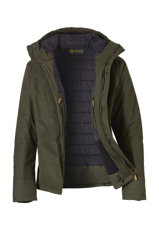 Chaqueta abierta en verde oliva con relleno en negro con dos bolsillos interiores uno a cada lado.