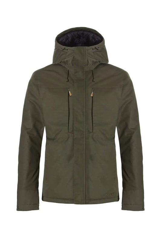 Chaqueta Rovince impermeable verde oliva con dos bolsillos napoleón y capucha.
