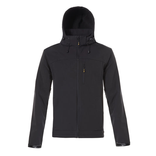 Chaqueta softshell negra con bolsillo napoleón a la izquierda con tiradores amarillos.
