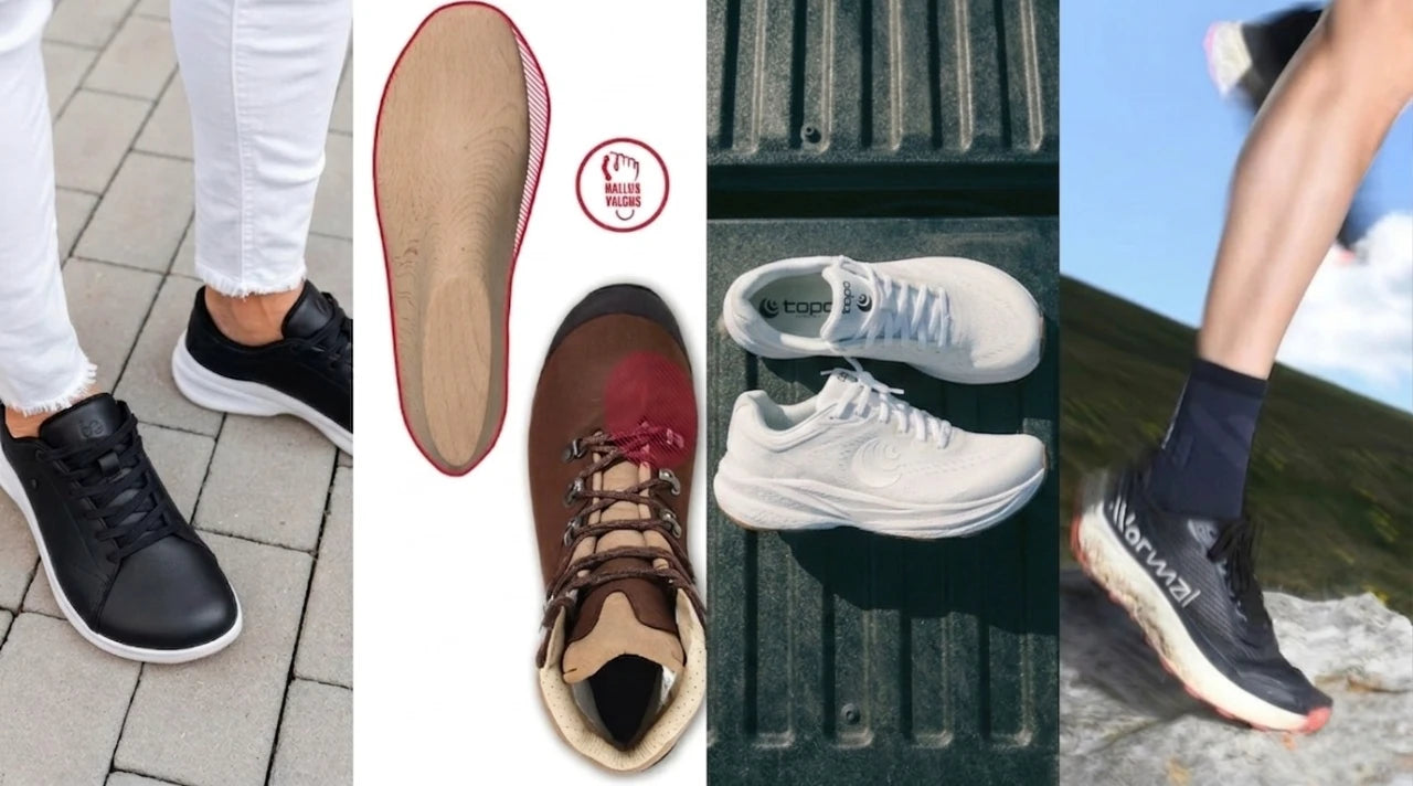 Cuatro tipos de calzado: zapatillas negras, botas marrones, zapatillas blancas y deportivas en acción.