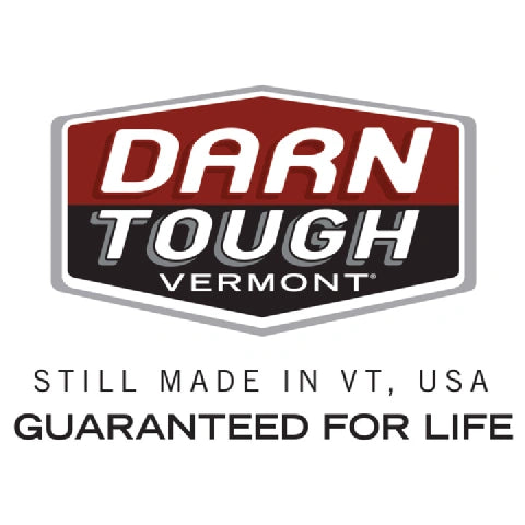 Logotipo de Darn Tough Vermont con el texto 'Still Made in VT, USA. Guaranteed for Life.