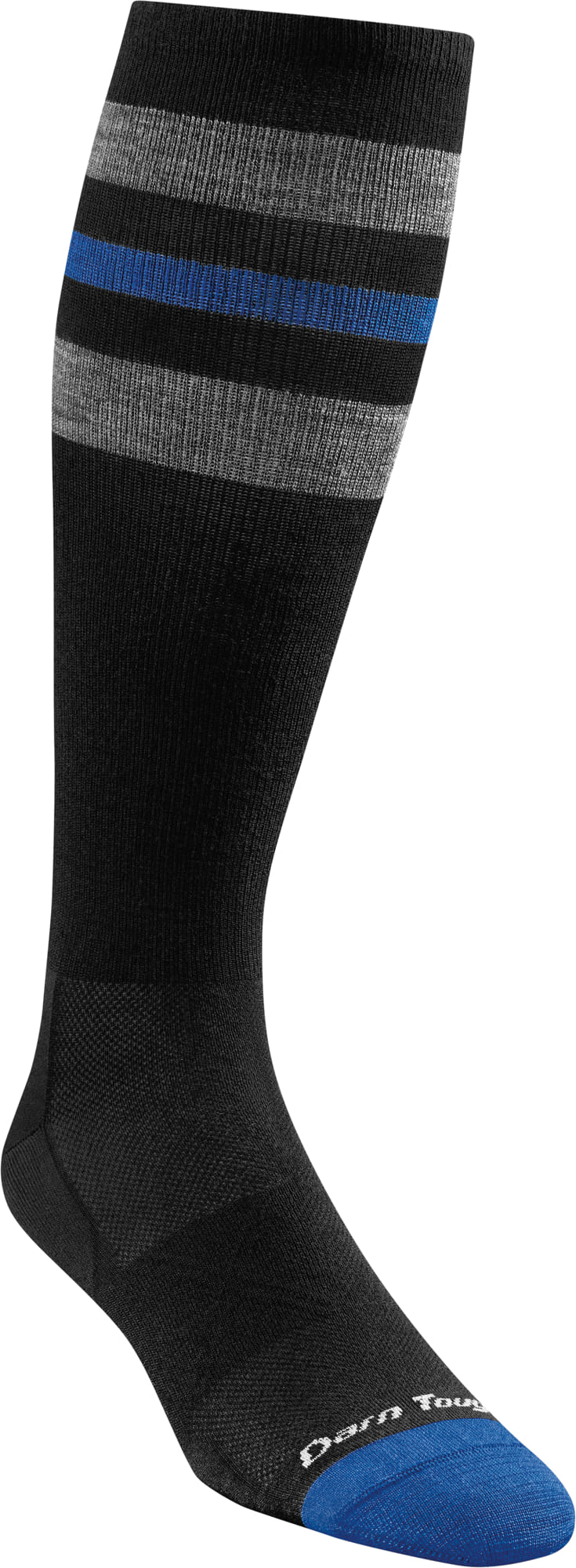 Vista de lado del calcetín por debajo de la rodilla en color negro con dos franjas grises y una azul. La puntera en azul