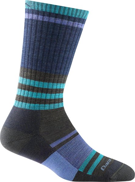 Calcetín con altura de bota a rayas  con colores turquesa, negro, azul marino y purpura.