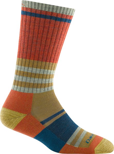 Calcetín con altura de bota multicolor color naranja, ocre, amarillo y azul.