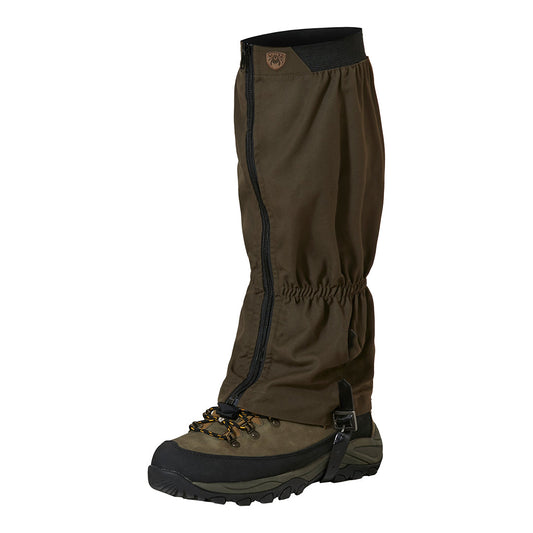 Gaiter verde oliva con cremallera frontal y goma  superior y hebilla inferior puesto en una bota.
