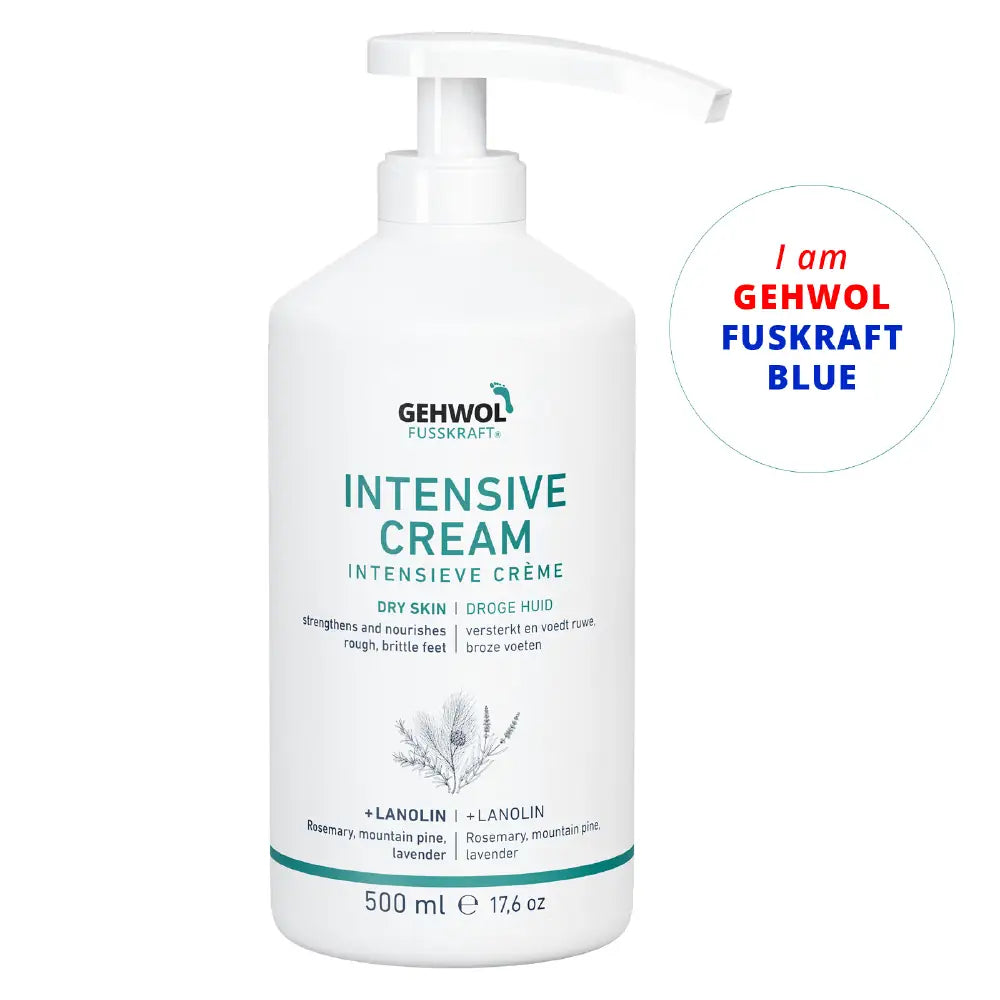Recipiente blanco con letras verdes con dispensador Gehwol intensive cream o fuskraft blue.