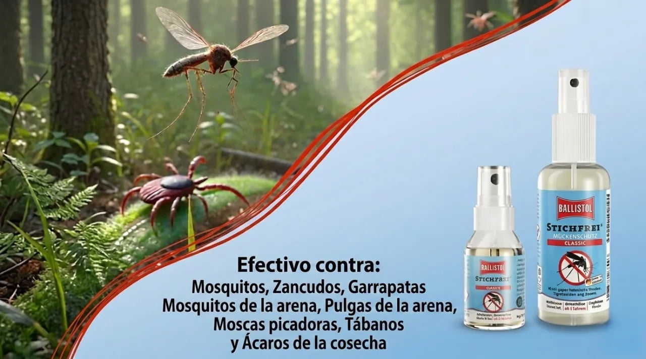 Un mosquito volando sobre un fondo de bosque con un spray repelente de insectos en primer plano.