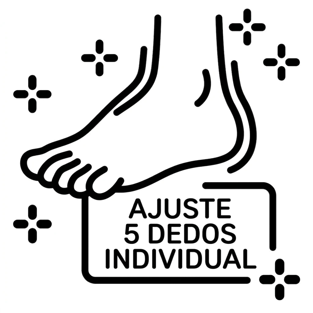 Dibujo de un pie con cinco dedos, acompañado de la frase 'ajuste 5 dedos individual'.