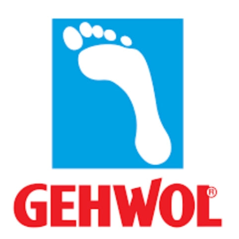 Logotipo de Gehwol con una ilustración de un pie en color blanco sobre un fondo azul y el texto 'GEHWOL' en rojo