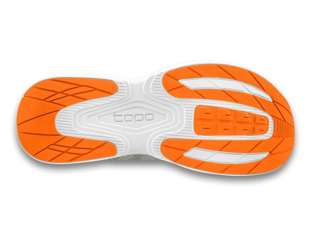Suela de zapatillas Topo Athletic FLI-LYTE 5 M'S en gris y naranja con diseño de tracción