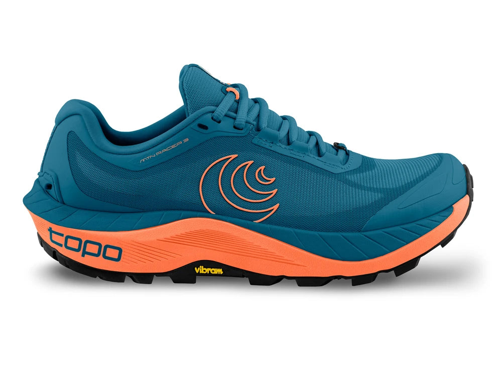 Zapatilla Topo Athletic MTN Racer 3 Hombre en azul y naranja con suela Vibram para trail y ultra distancia