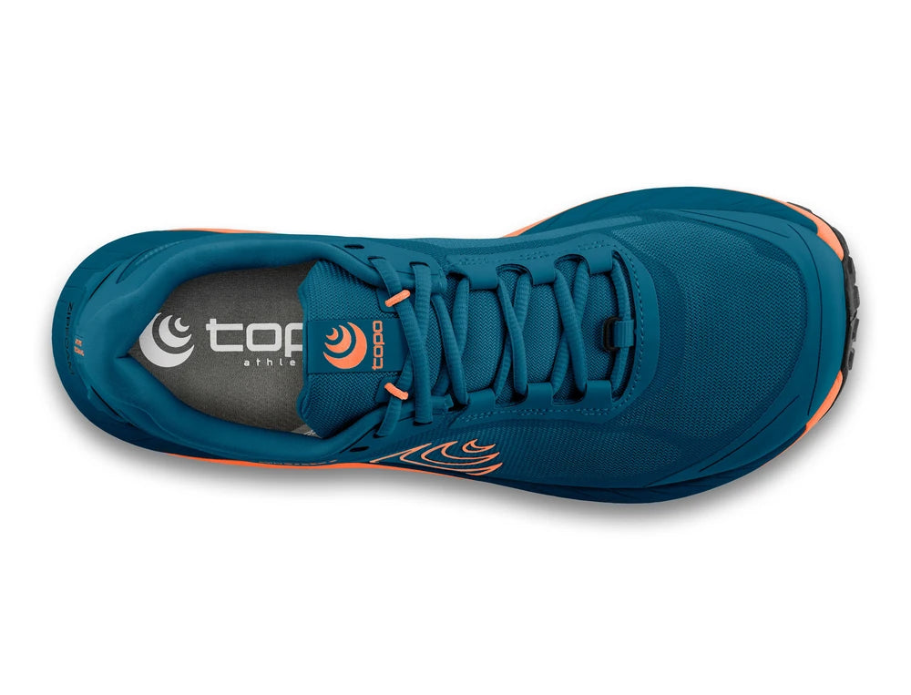 Zapatilla Topo Athletic MTN Racer 3 Hombre en azul con detalles en naranja y diseño para trail y ultra distancia