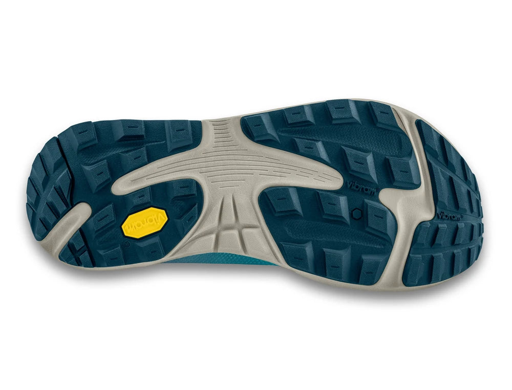 Suela de zapatilla Topo Athletic MT-5 M'S en azul con tecnología Vibram para mayor tracción y durabilidad