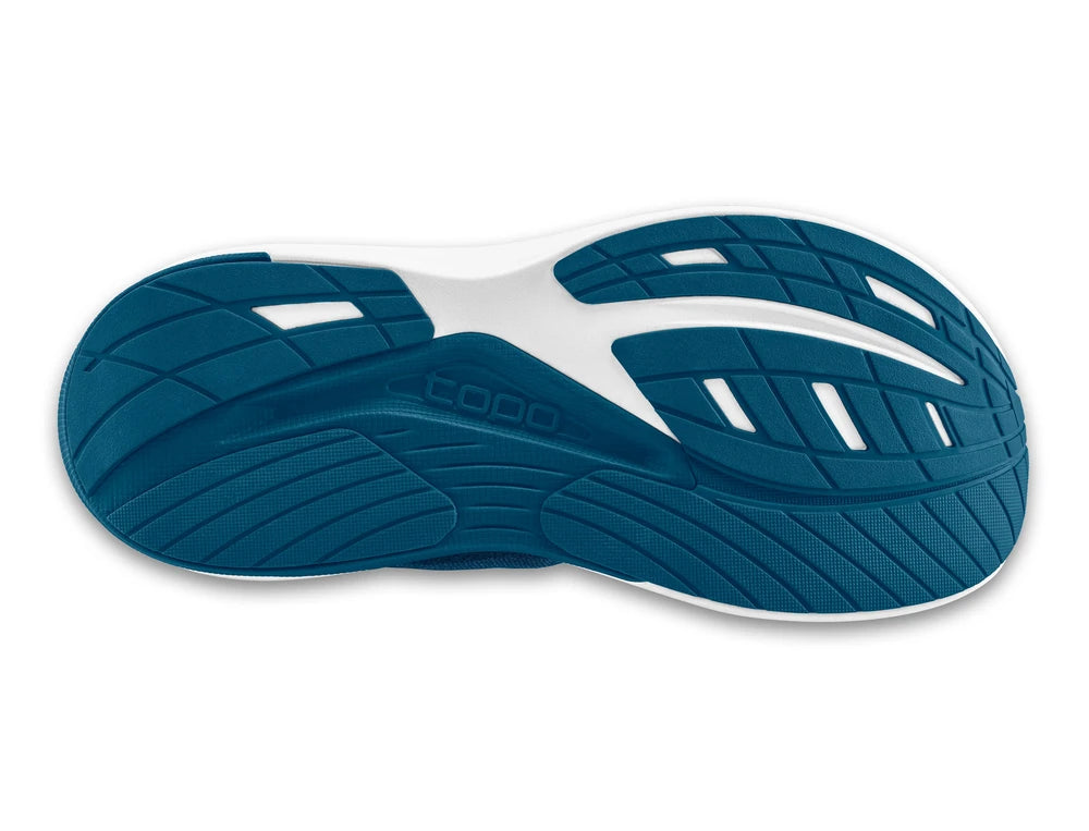 Suela de zapatilla Topo Athletic Ultrafly 6 Hombre en azul y lima con diseño de tracción para asfalto