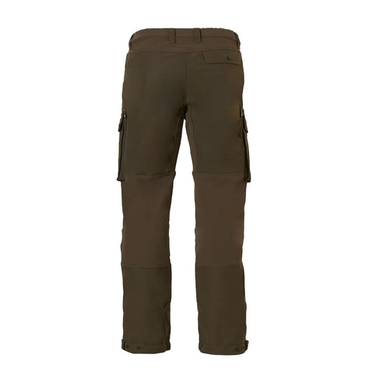 Vista trasera del pantalón rovince flexline en verde oliva, transpiraciones con cremallera y bolsillo con solapa derecho.