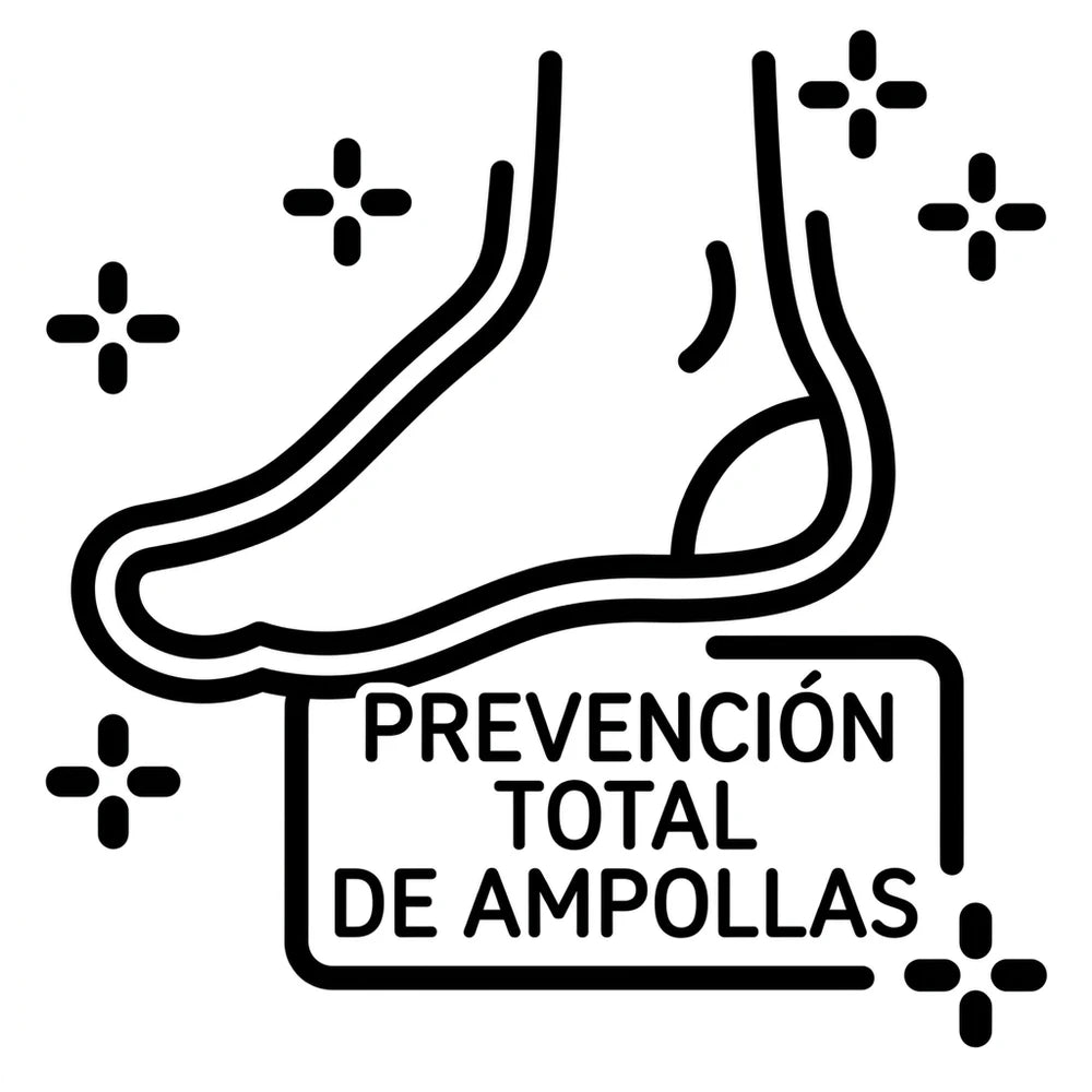 Dibujo de un pie con el texto "Prevención total de ampollas" debajo, rodeado de estrellas.