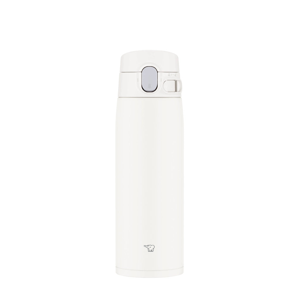 Termo Zojirushi SM-VA blanco de 600ml con tapa de cierre hermético y botón de apertura plateado. Logo de elefante visible en la base.