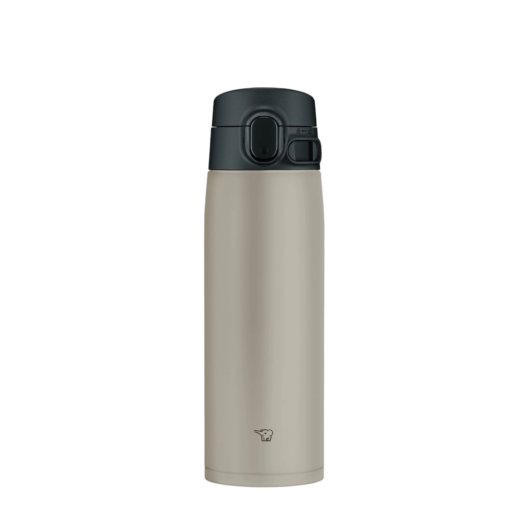 Termo Zojirushi SM-VA de acero inoxidable de 600ml con tapa negra de cierre hermético y botón de apertura. Logo de elefante visible en la base.