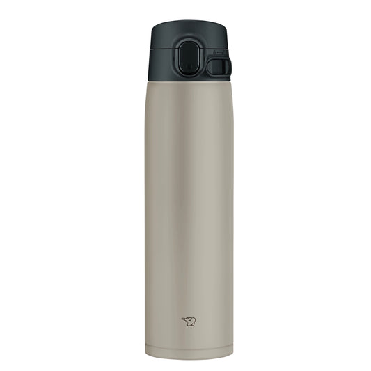 Termo Zojirushi SM-VA de acero inoxidable de 720ml con tapa negra de cierre hermético y botón de apertura. Logo de elefante visible en la base.
