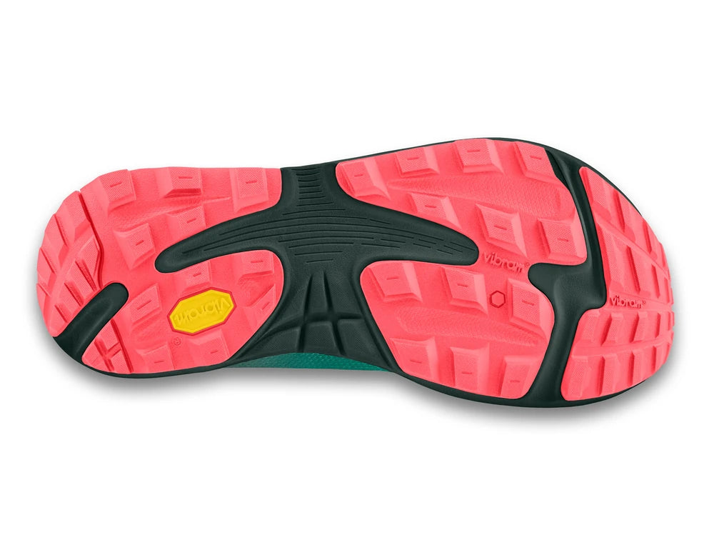 Suela de Topo Athletic MT-5 W'S en color esmeralda y rosa con diseño de tracción para trail y asfalto